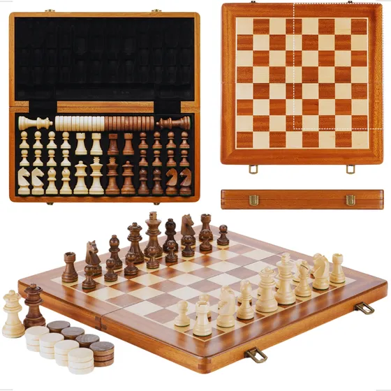 Jogo De Xadrez E Dama Tabuleiro De Madeira Profissional Grande Luxo Premium Peças Em Madeira
