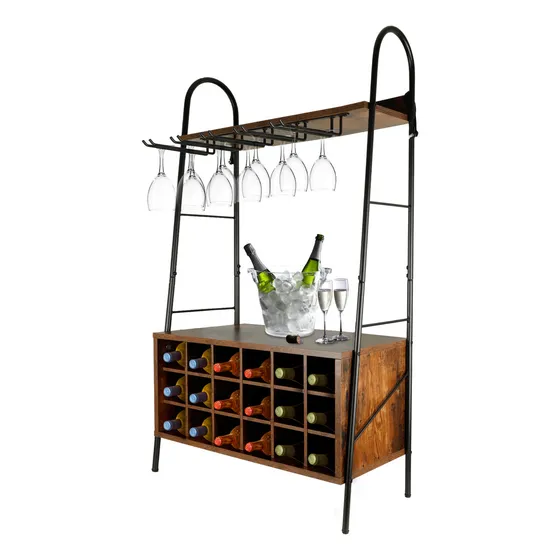 Cava de Vino tipo Cantina Mueble Organizador para 18 Botellas y Rack de Copas de Vino, Fabricado en Acero y Madera, Bar en Casa, Ideal para Decoracion
