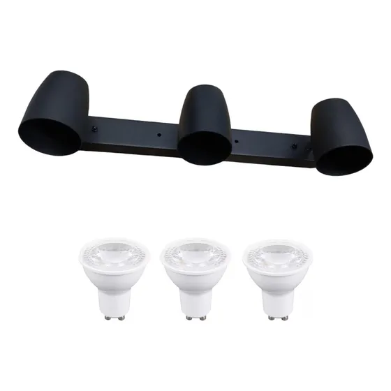 [combo] Spot Barra 3 Luces Negro + 3 Lámparas Gu10 Cálidas