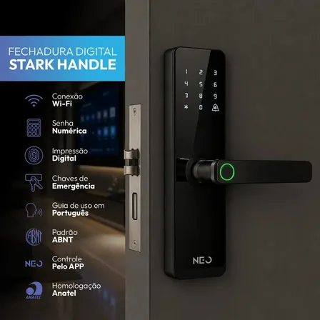 Fechadura Digital Inteligente Biometria Wi-fi Pro Embutir Senha App Tuya - Stark Handle - Preto - Neo Avant