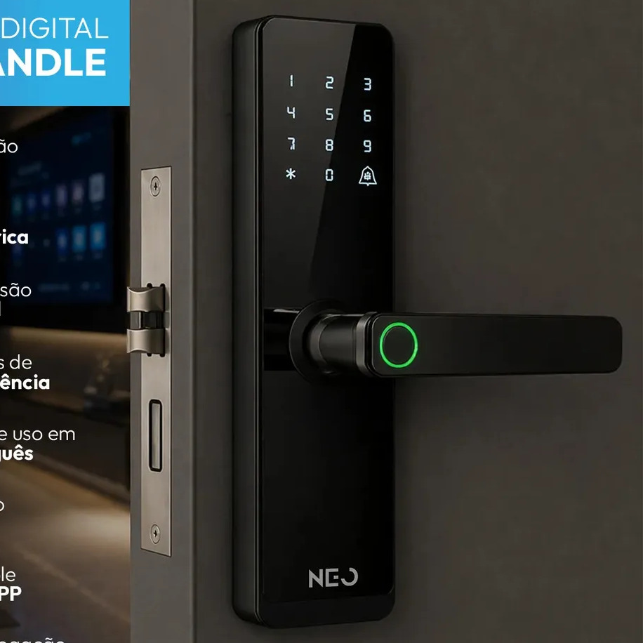 Fechadura Digital Inteligente Biometria Wi-fi Pro Embutir Senha App Tuya - Stark Handle - Preto - Neo Avant Fechadura Digital Inteligente Biometria Wi-fi Pro Embutir Senha App Tuya - Stark Handle - Preto - Neo Avant