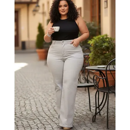 Calça Jeans Feminina Wide Leg Lycra Plus Size Cintura Alta