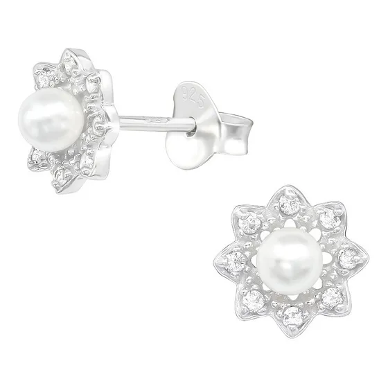 Aros Perlas Pequeñas Flor Zarcillos Plata 925 Pendientes