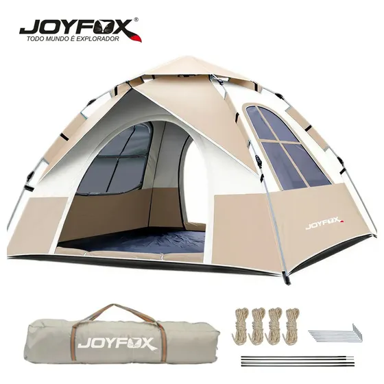 Barraca De Camping Automatica Instantânea JOYFOX 3-4 Pessoas Acampamento Barraca Automatica Impermeável 1000mm 210*205*115cm Ouro palido
