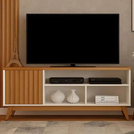 Rack RTA Móveis Álamo Ripado Moderno Bancada Tv 55 Polegadas Off-white/ripado