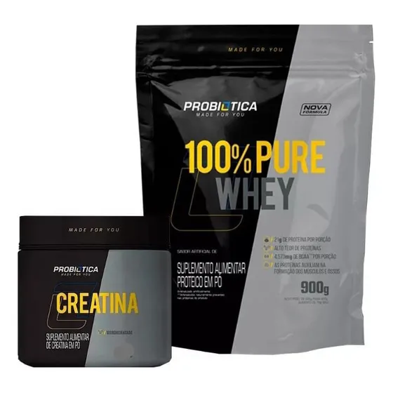 Whey 100% Pure Refil 900g + Creatina Pura 300g - Probiotica