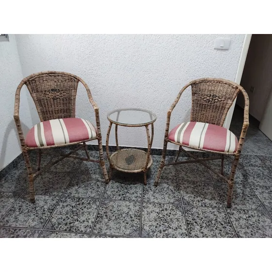 Conjunto Rattan 2 Cadeiras E Mesinha De Vidro Para Varanda