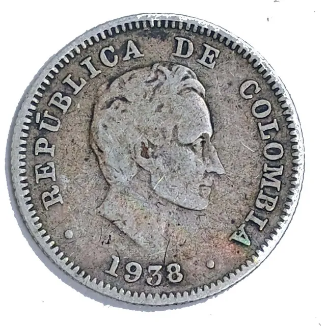 Moneda 10 Centavos Pesos Plata Colombia Año 1938