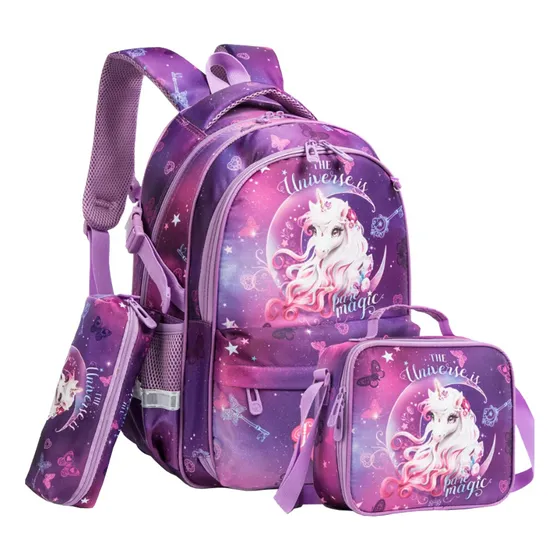 Mochila Unicornio Niños Colegio + Lonchera + Cartuchera