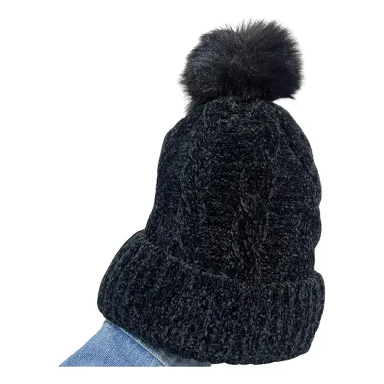 Gorro De Lana Con Chiporro Pompón Tejido Chenille Invierno