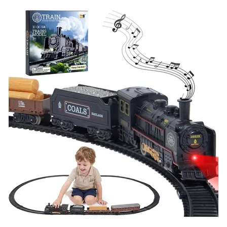 MoveBrinca Trem Elétrico Vintage Com Locomotiva A Vapor E 3 Vagões, Luzes E Sons Realistas, Trilhos Fáceis De Montáveis Formando Um Circuito De 103×67cm,Material PP Durável,Ideal Para Viagens No Tempo
