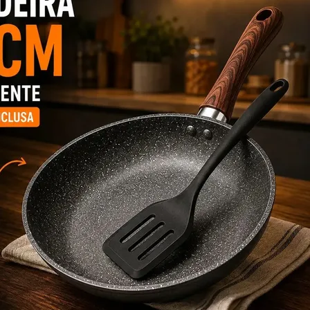 Frigideira Antiaderente Cerâmica Granito 24cm com Espátula Cabo de Madeira Indução Cooktop e Fogão a Gás Não Gruda Sem Óleo Viacruz
