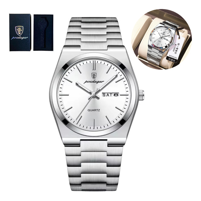 Relógio Masculino Luxuoso Prata Clássico Old Money Poedagar Prateado Branco
