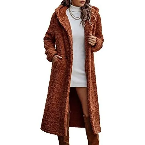 Angashion Mujer Fuzzy Fleece Lapel Open Front Long Cgm4i