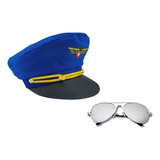 Fantasia De Aviador Piloto C/ Quepe Azul E Óculos Espelhado