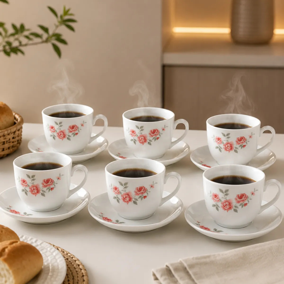 Conjunto de 6 xícaras de vidro com pires, decoradas com estampa de rosas, contendo café quente e dispostas sobre uma mesa clara.