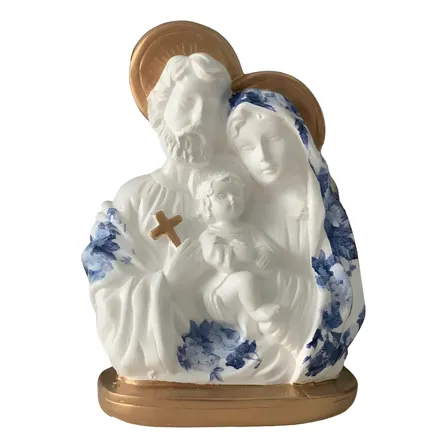 Imagem Sagrada Família Manto Flor Azul Gesso 20cm