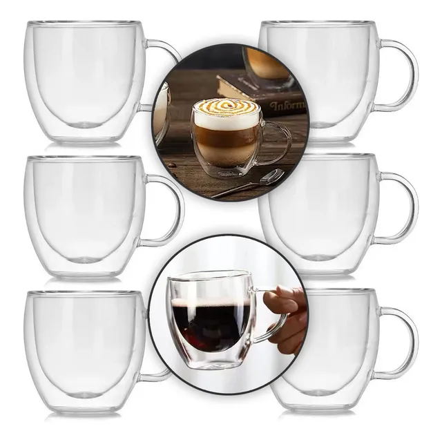 Kit 6 Xicara Café Vidro Parede Dupla 250ml Chá Borossilicato