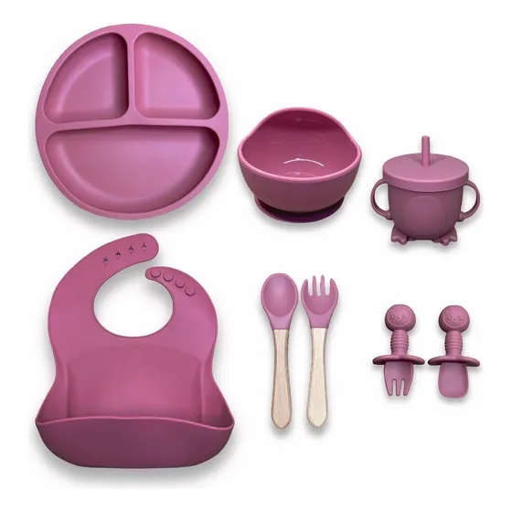 Kit 8 Peças Introdução Alimentar infantil Conjunto Papinha Pratinho Silicone Cor Rosa-chiclete