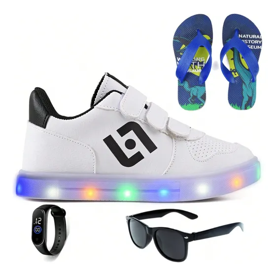 Tenis Infantil Led Casual Meninos + Chinelo Oculos Relogio
