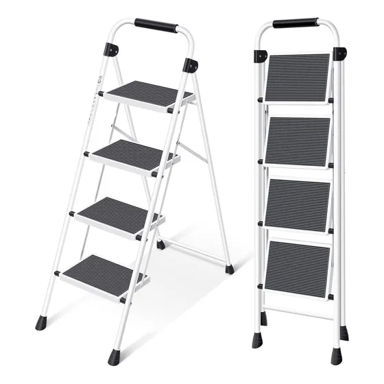 Escalera Plegable 4 Escalones Acero Resistente, Blanco