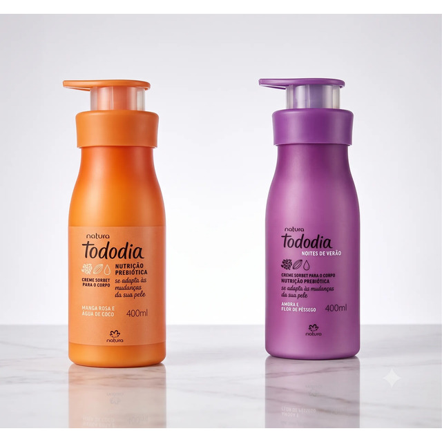 Duas embalagens de creme corporal Natura Tododia, uma laranja e outra roxa, com pump dosador sobre uma superfície de mármore branca.