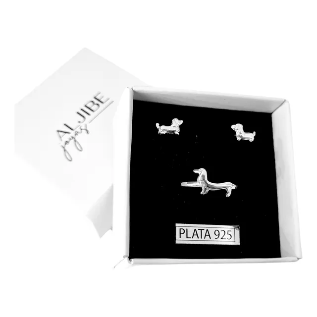 Conjunto Anillo Regulable Y Aros Perro Salchicha Plata 925