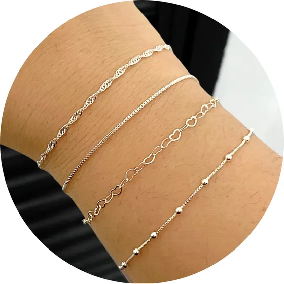 Kit 4 Pulseiras Folheadas A Prata 925 Premium Conjunto Comprimento 20 cm Cor Prateado Diâmetro 20 cm