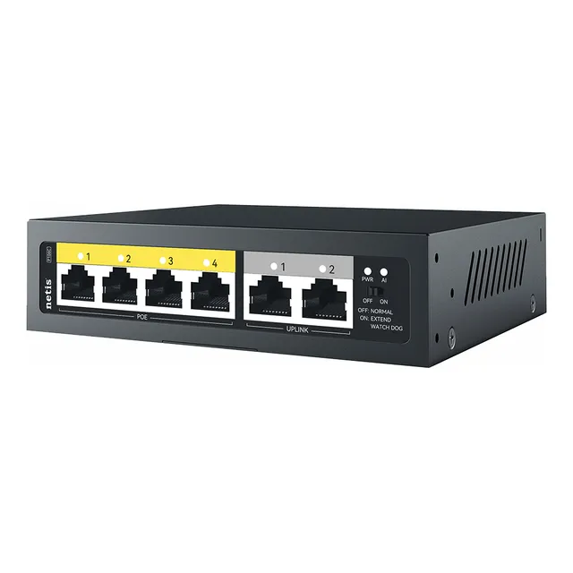 Netis Switch POE P106C 4 Puertos POE+ y 2 Puertos Uplink / 65W Presupuesto de Energía / 100 Mbps / IA Watch Dog / Plug & Play / 250Mts de Alcance en Transmisión