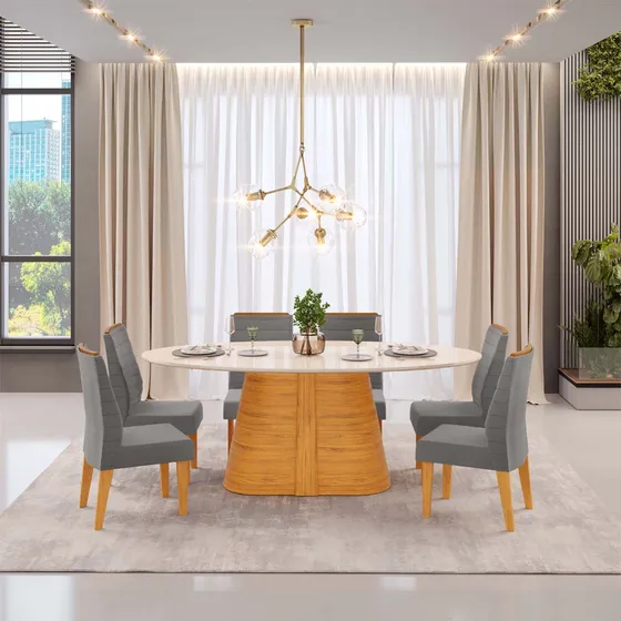 Juego De Comedor Mesa Ovalada 6 Sillas Tapizadas Mdf