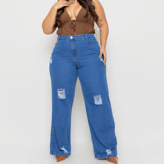 Calça Plus Size Jeans Feminina Wide Leg Levanta Bumbum Calça Plus Size Jeans Feminina Wide Leg Levanta Bumbum