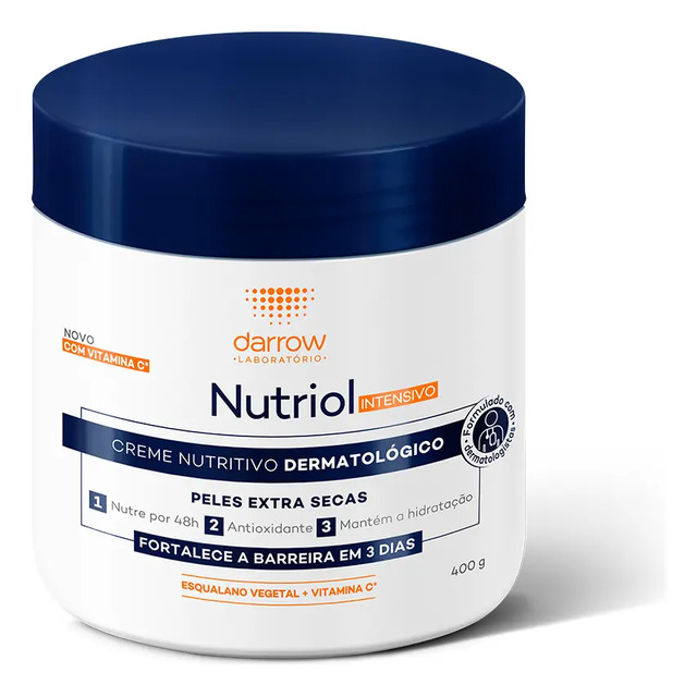Pote de 400g do creme hidratante dermatológico Darrow Nutriol Intensivo com tampa azul e rótulo branco contendo informações sobre nutrição de 48h e fórmula com vitamina C