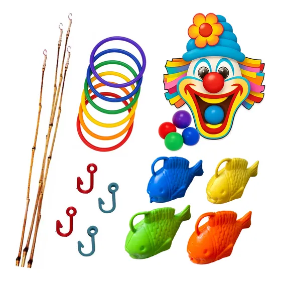 Kit Brincadeiras Festa Junina Pescaria Argolas Palhaço Bocão