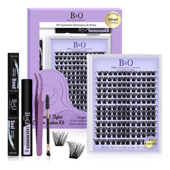 Extensiones De Pestañas Kit 156pcs B24 Bq Lash Clásicas Y Gruesas Pestañas Tupidas 8-18mm Color Negro B&q Bqlash Kit Pestañas Bq