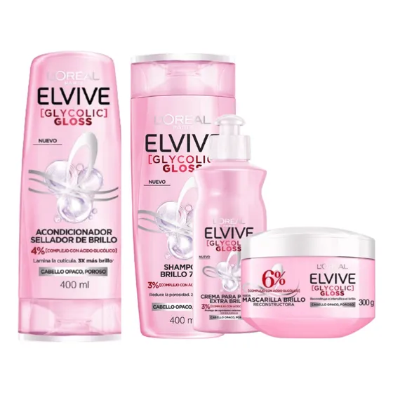 Combo Elvive Glyco Gloss Shampoo + Acond + Macarilla + Crema