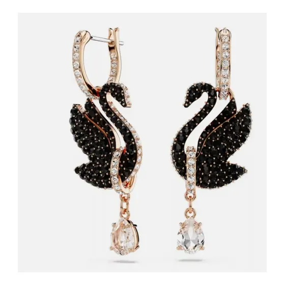 Aros Aretes Swarovski Cisne Negro Con Colgante Swan
