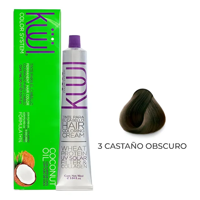 Tinte Kuul Tono 3 Castaño Oscuro 90ml + Peroxido 10vol 135ml