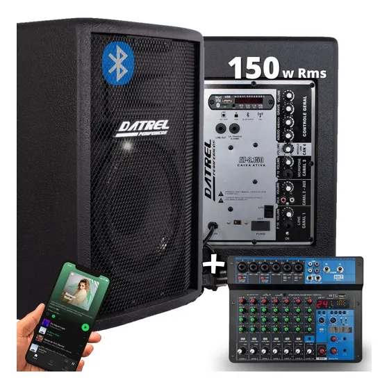 Caixa De Som At8 150w + Mesa De Som Amplificada 8 Canais Cor Preto