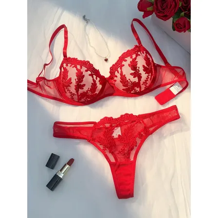 Conjunto De 2 Piezas, Lencería Transparente Sexy - Catalina Rojo Encaje M