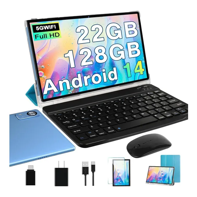 Tableta SUAAT S10 10.1 Android 14 Tablet 22Gb Ram, 128gb Rom, Octacore 2.0Ghz WIFI 2.4G/5G Bluetooth 5.0, TF 1TB Expansión Certificación Gms Con Mouse Teclado Funda-Azul