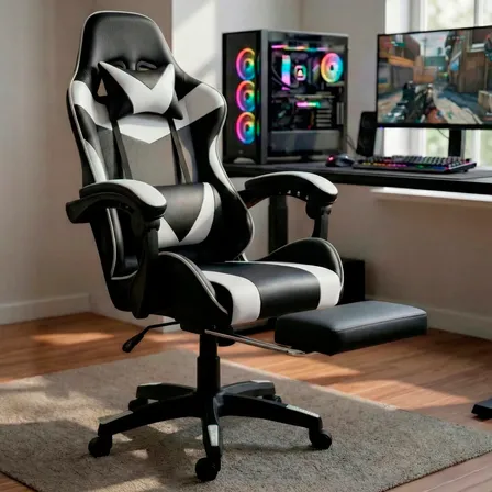 Cadeira Gamer Profissional Ergonômica Reclinável Apoio Pés Branco Couro Sintético