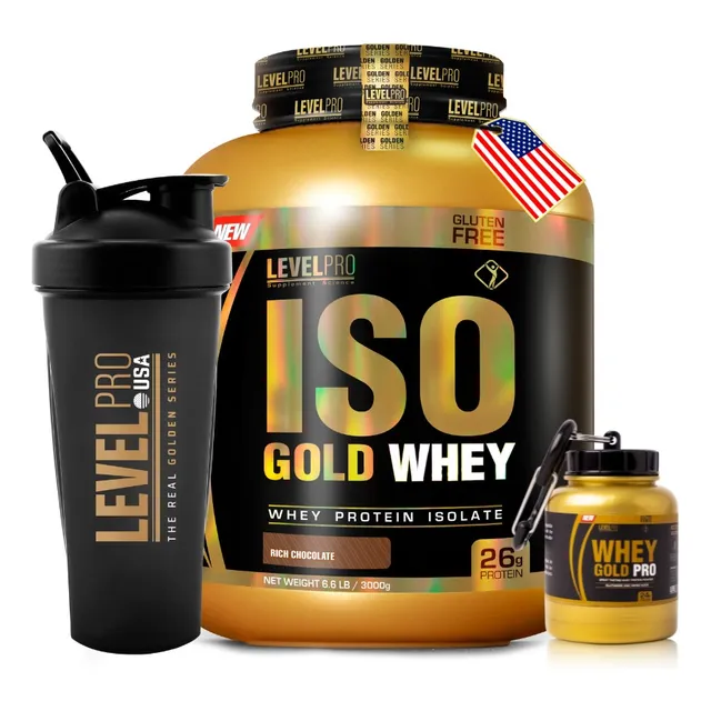 Iso Gold Whey 3kg + Shaker Level Pro + Porta Proteína