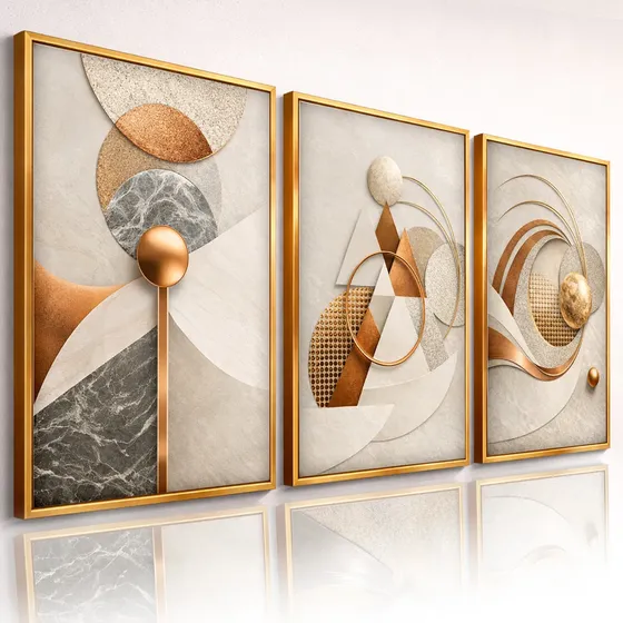 Quadros Decorativos Abstrato Geométrico Bronze Sala Hall 3pç