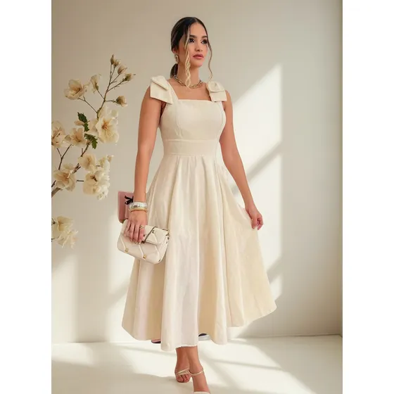 Vestido Longo De Linho Forrado Com Lacinho No Ombro Bojo