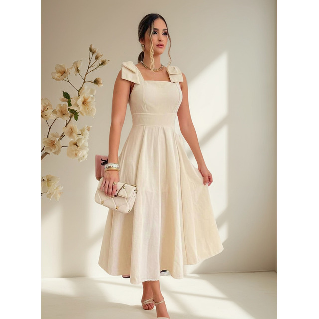 Vestido Longo De Linho Forrado Com Lacinho No Ombro Bojo