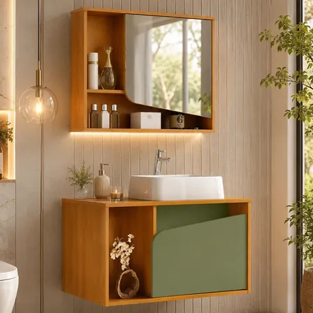 Conjunto Para Banheiro Delta Com Gabinete Pia E Espelho Verde Branco Um Furo Pistache / Natura
