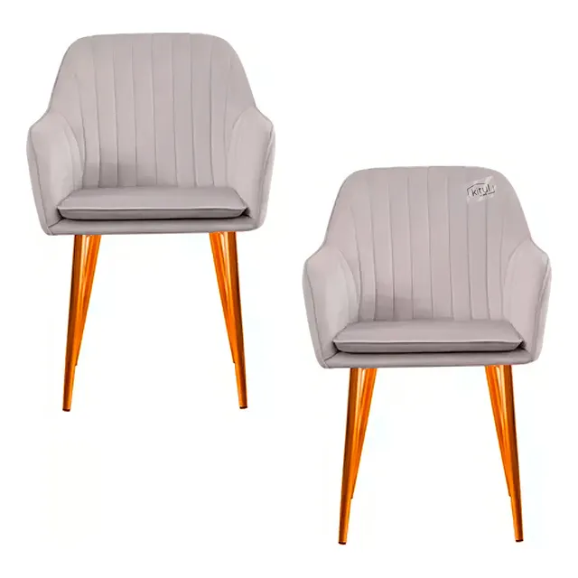 Set 2 Sillas Tapizadas Acolchadas Patas Doradas Terciopelo Color De La Estructura De La Silla Dorado Color Del Asiento Gris Diseño De La Tela Lineas Alcolchadas