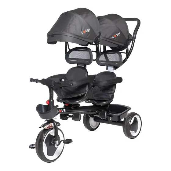 Triciclo Doble Con Luz Y Sonido Giro 360° Capota 046 Love Negro