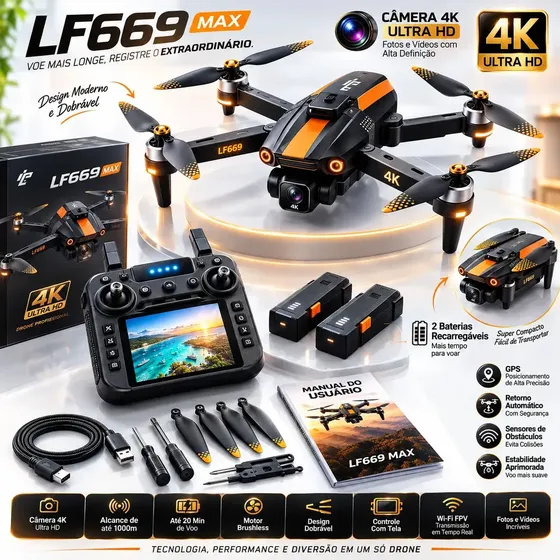 Drone Aéreo Popsy LF669 MAX com Câmera 4K HD, GPS e Controle com Tela