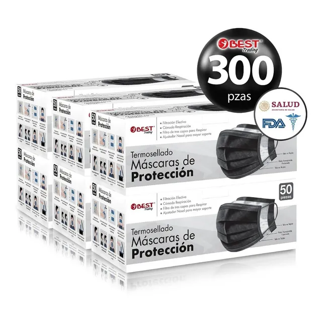 Best Trading cubrebocas negro 300 piezas desechable termosellado tricapa con ajustador nasal oculto y tecnología ligera de filtrado efectivo